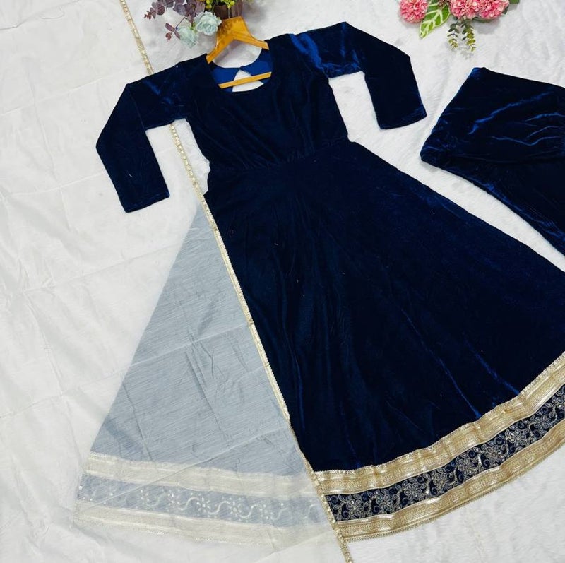 Malishka Export Blue Velvet Anarkali Kurta With Dupatta for Women - Image 3